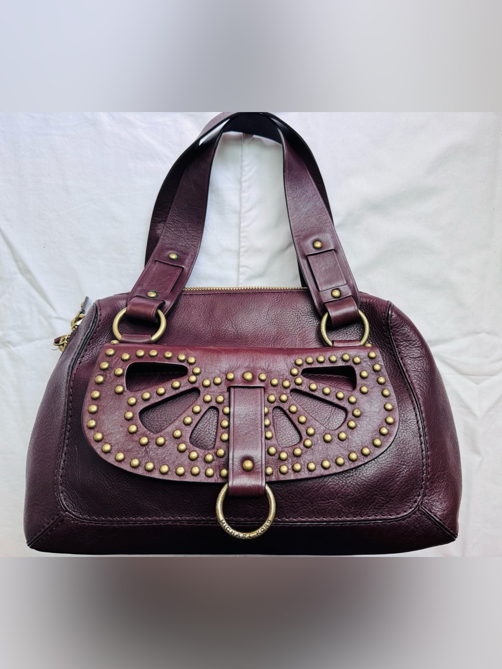 Michael Kors Plum Leather Shoulder Bag with Gold Stud Accents